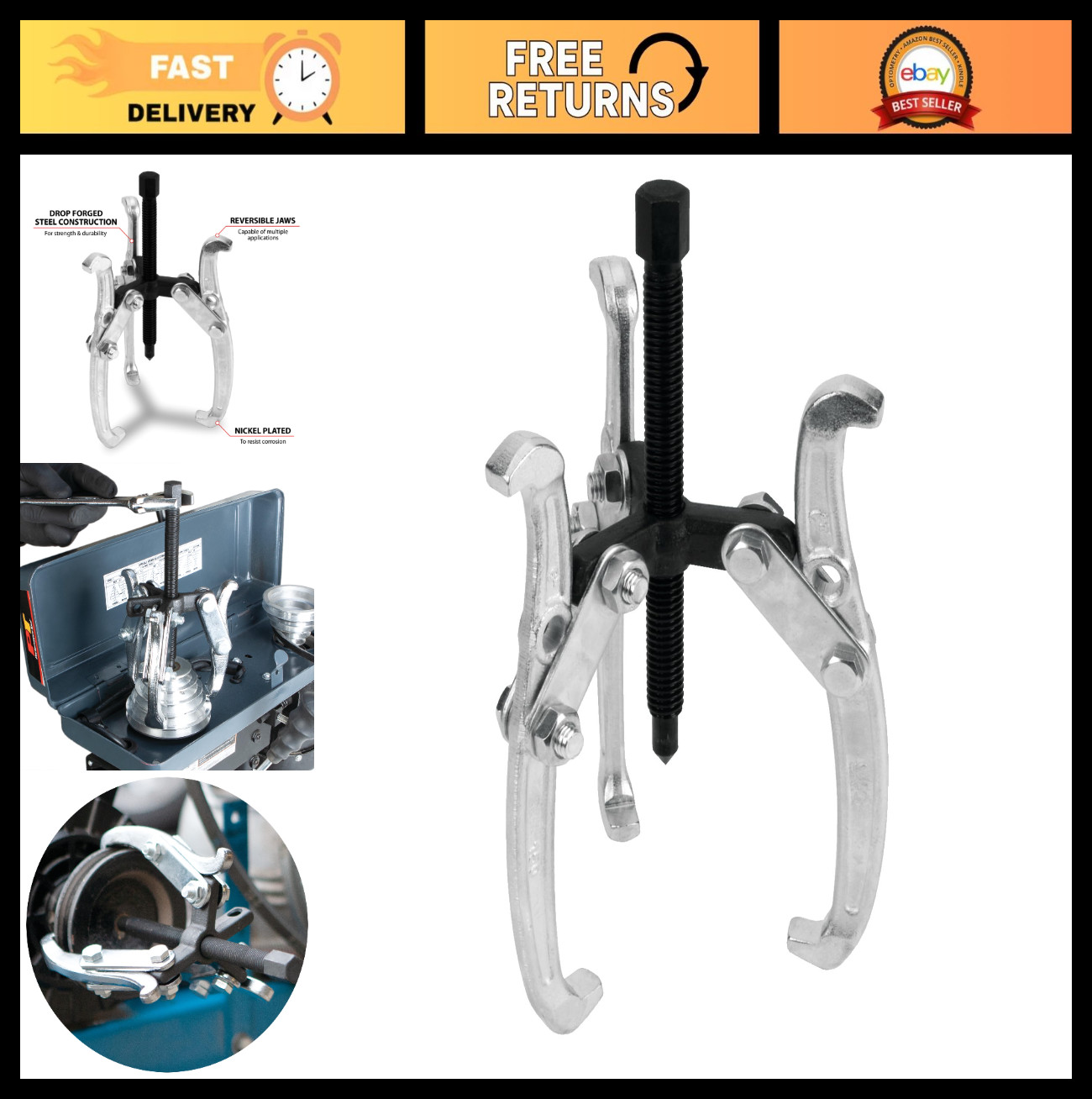 6-Inch 3-Jaw Gear Puller, Reversible Design, Drop-Forged Steel, Chrome Plated, A