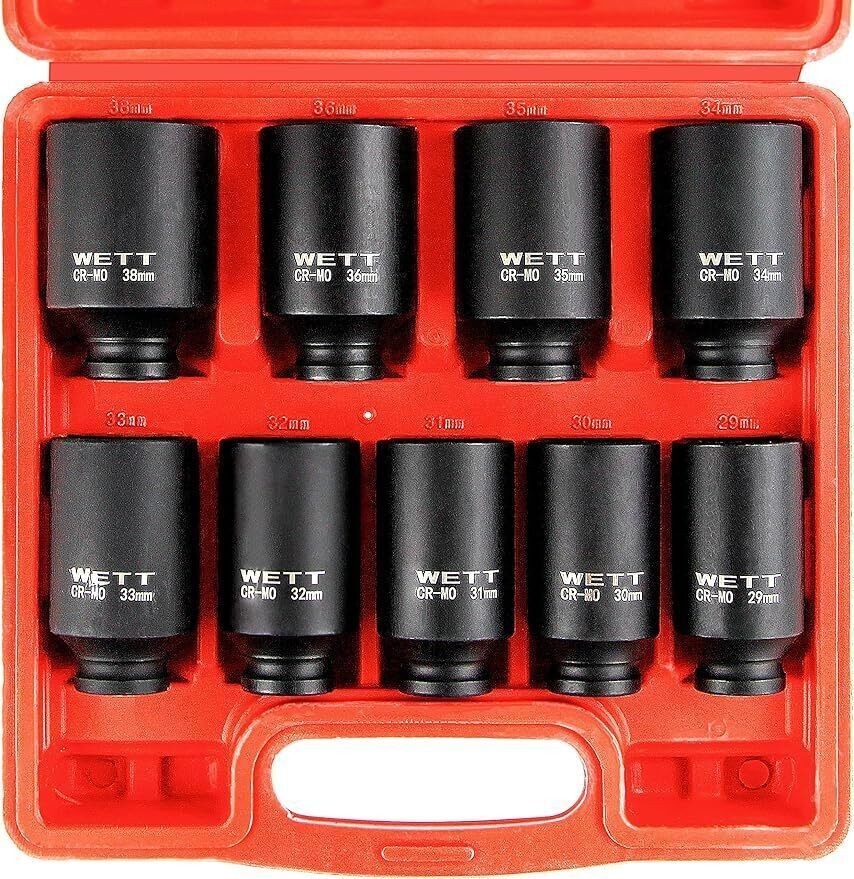9-Pcs 1/2″Drive Deep 6-Point Impact Socket Set/Spindle Axle Nut Metric 29mm-38mm