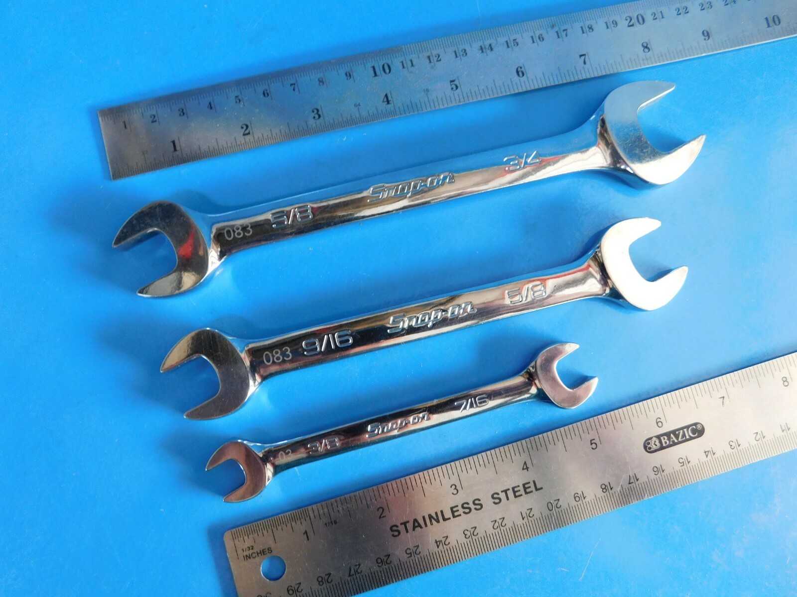 USED, SNAP ON TOOLS OPEN END WRENCH’S LOT OF (3) 3/8X7/16, 9/16X5/8, 5/8X3/4 IN