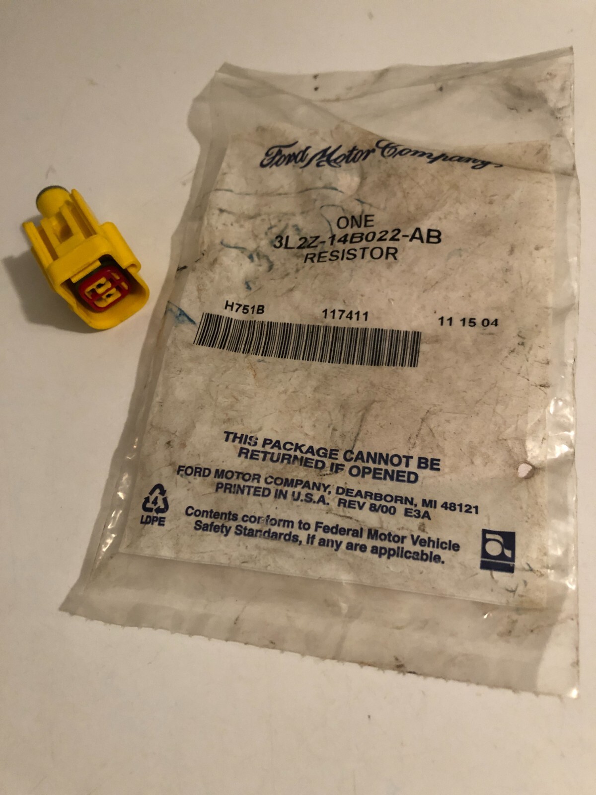 FORD Genuine OEM 3L2Z-14B022-AB SRS Side Bag Light Eliminator Resistor Connector