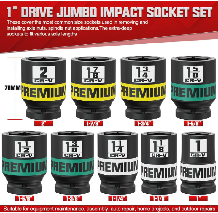 Juego vasos impacto 1″ SAE 1-2″ 9 piezas 6 puntas CR-V con estuche resistente. N