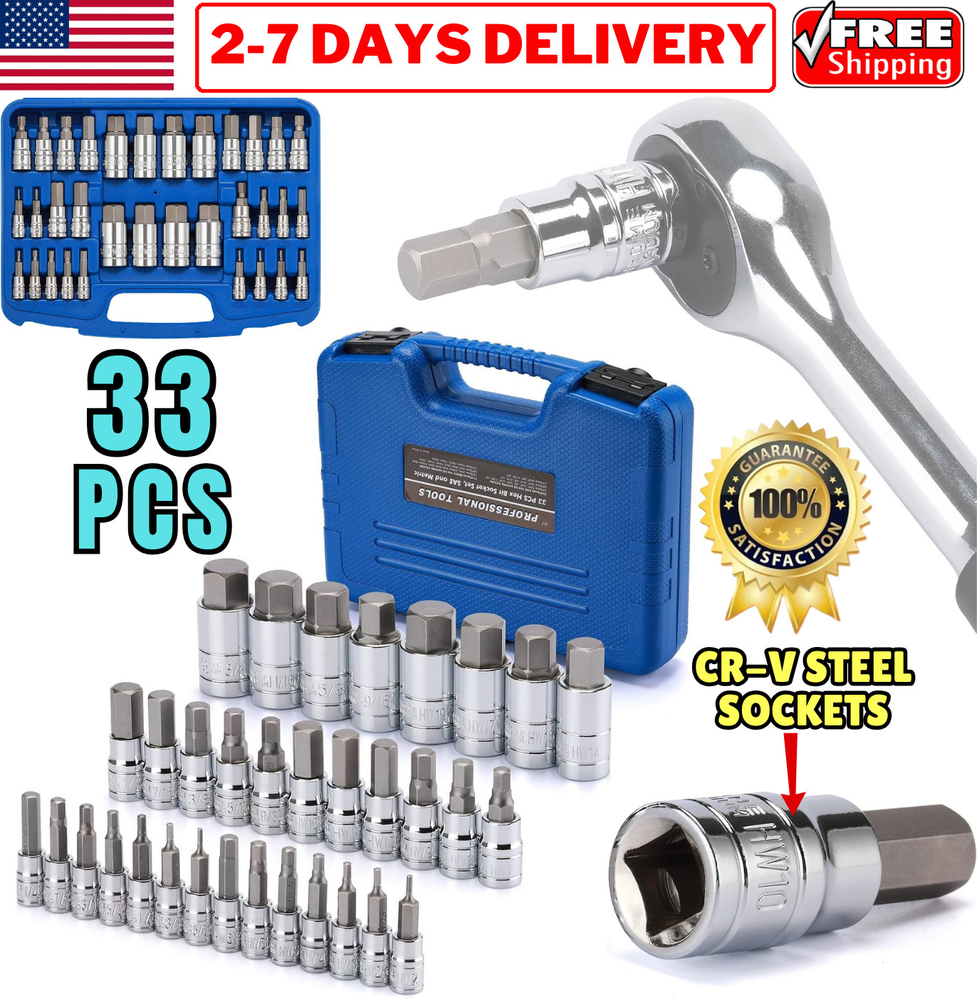 1/2 1/4 3/8 Drive Master Hex Bit Set SAE Metric Hex Head Driver Allen Bit Socket