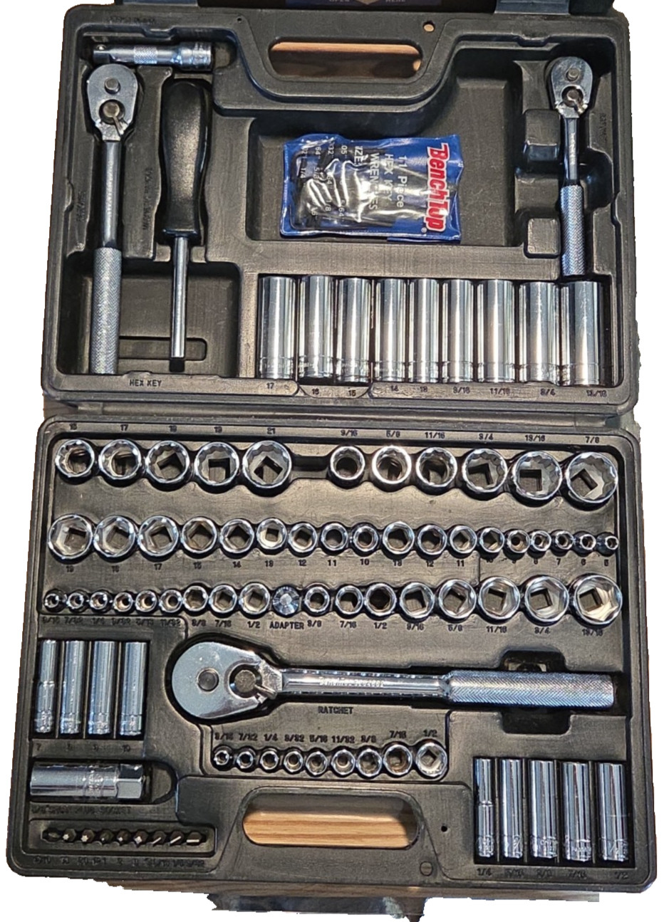 Benchtop 100 Piece Mechanics Tool Socket Set 1/4” 3/8” 1/2” Drive Metric & SAE