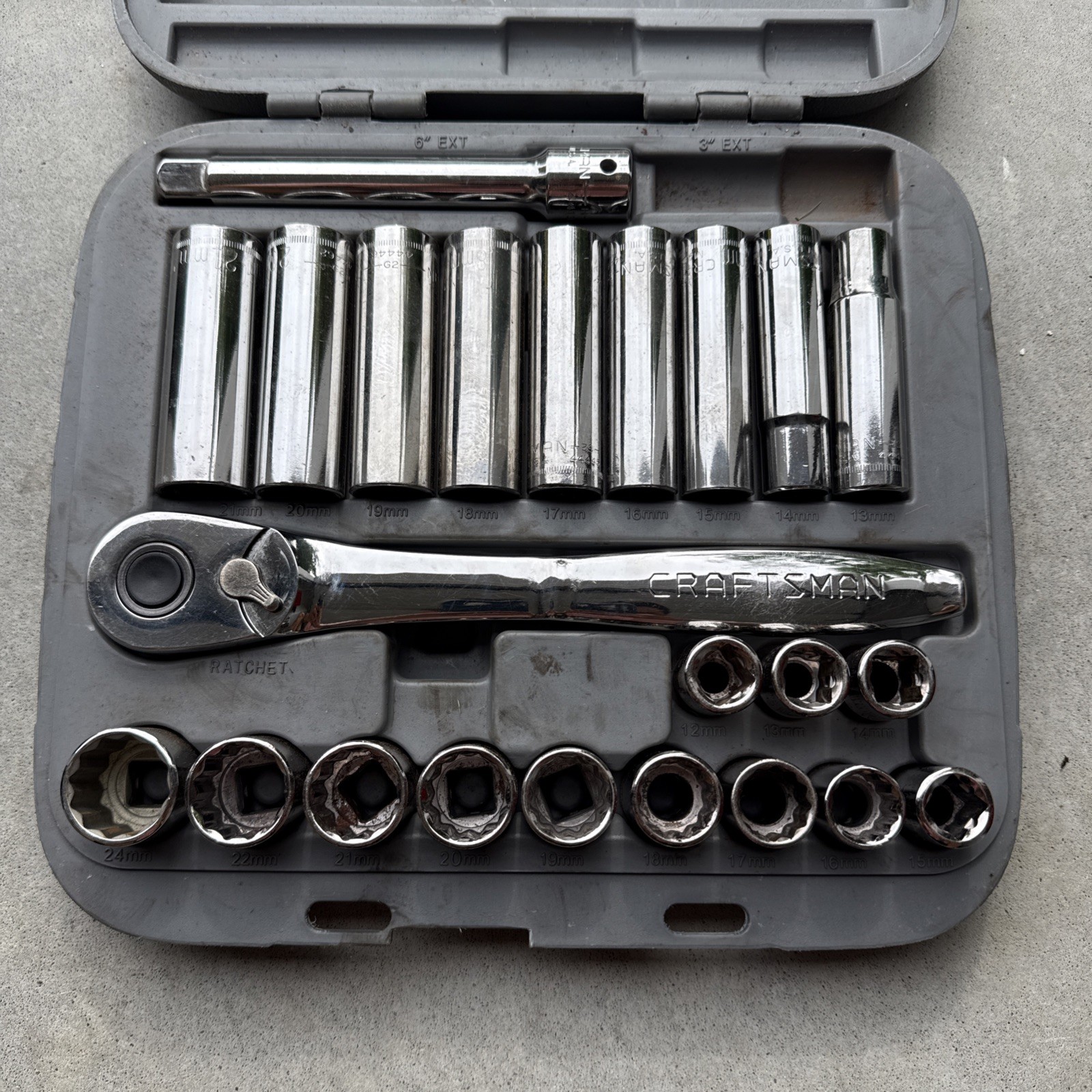 Craftsman 1/2″ Drive 24 Piece Socket Set Metric 12 Point 34873 (missing 3” ext)