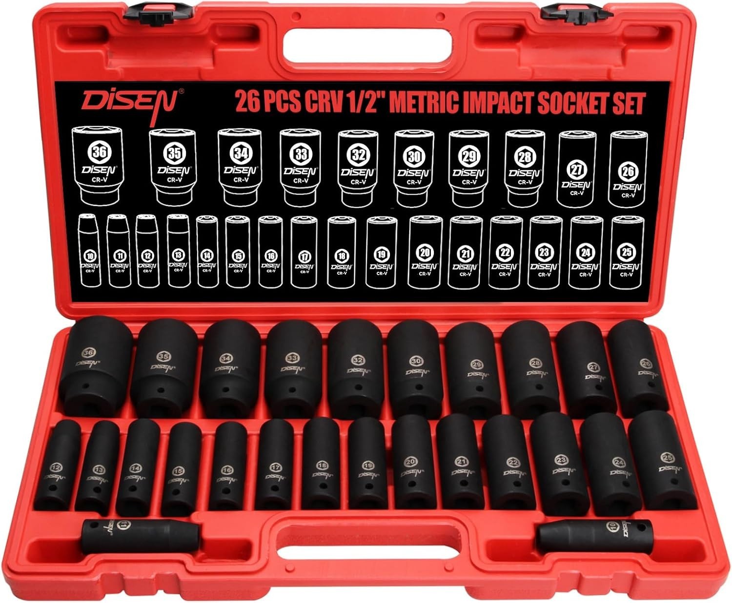 26 Pcs Metric 1/2″ Impact Socket Set, Deep Sockets Set Impact, 6-Point,Cr-V,R…