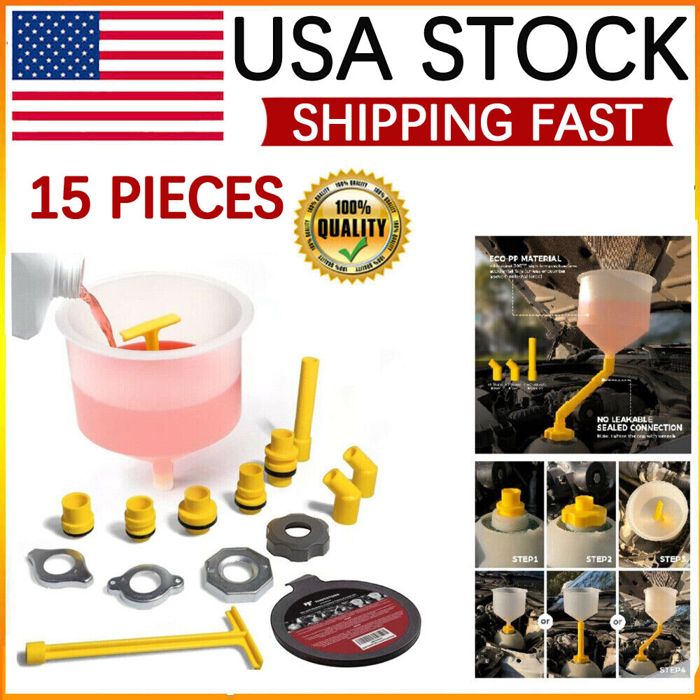 Spill Proof Radiator Coolant Filling Funnel Kit 15-pcs Cooling System fill kit