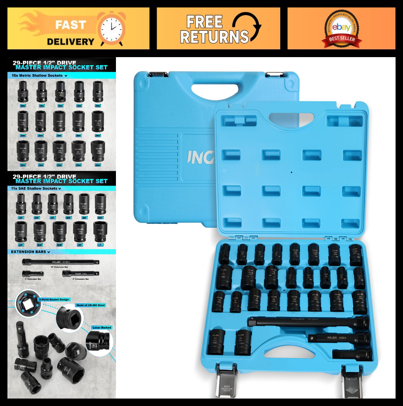 29PC 1/2″ Impact Socket Set – SAE & Metric Shallow Sockets, High Torque, CR-MO M
