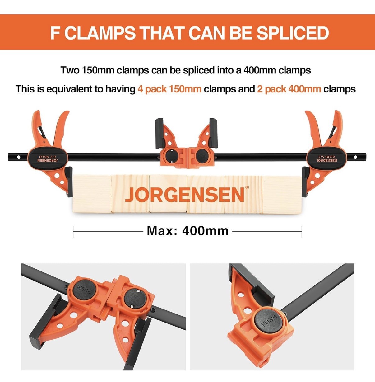 JORGENSEN 150 mm Woodworking Clamps 4-Pack, Splicable to 400 mm Ratchet Bar Cla