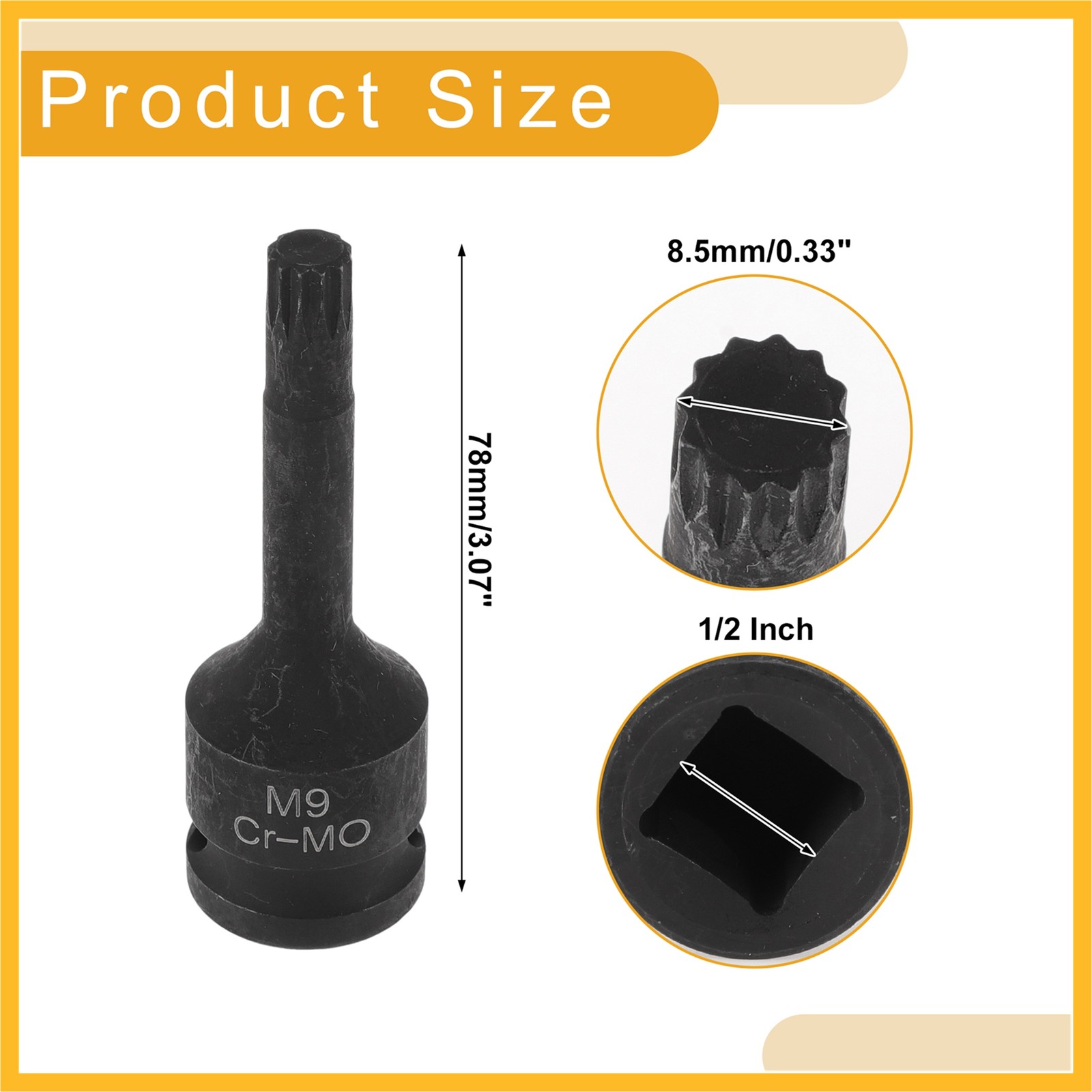 Universal 1/2 Inch Drive Impact Socket 8.5mm 12 Point CR-MO Black 1 Pcs