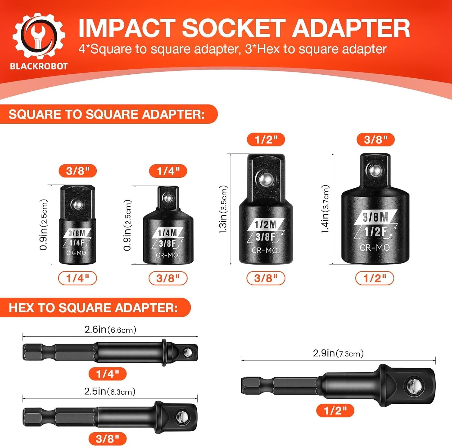 Impact & SAE Drill Socket Adapter Set Square & Hex Driver Wrench, Cr-Mo&CR-V Ste