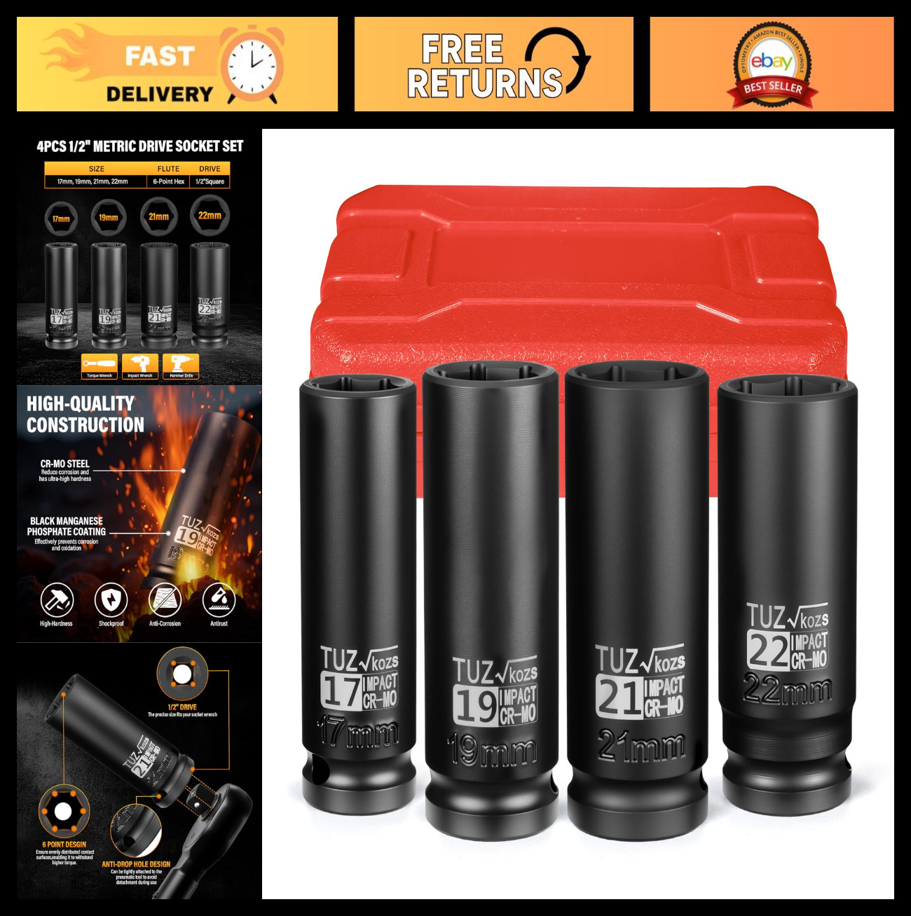 4-Piece 1/2″ Drive Deep Impact Socket Set – Metric 17mm 19mm 21mm 22mm, Cr-Mo, 6