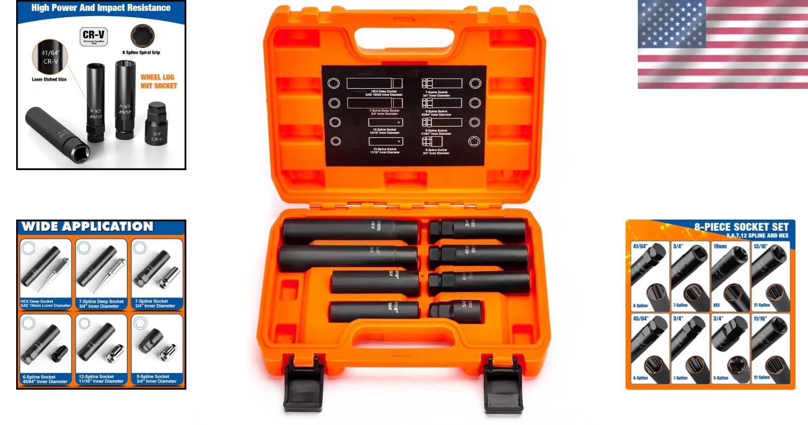 Durable 8-Piece Spline Lug Nut Key Kit – Chrome Vanadium Steel for Custom Rims