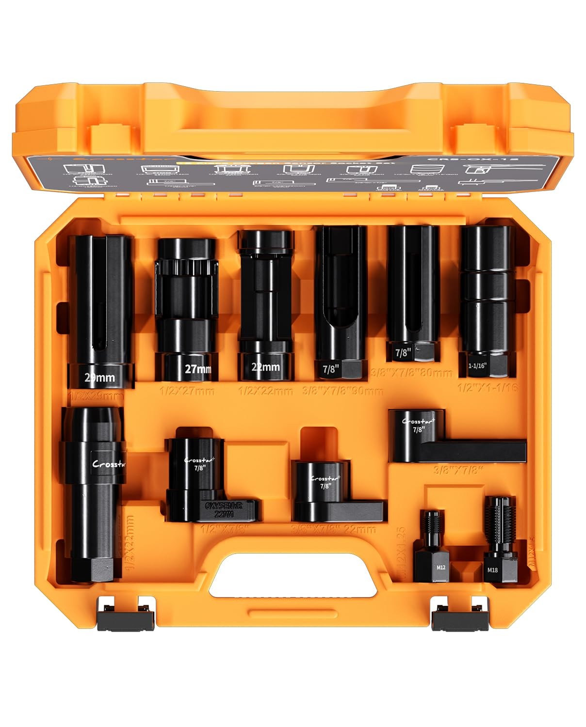 Oxygen Sensor Socket Set Thread Chaser 12Pc 22mm 27mm 11/16in 1/2 3/8in Drive T