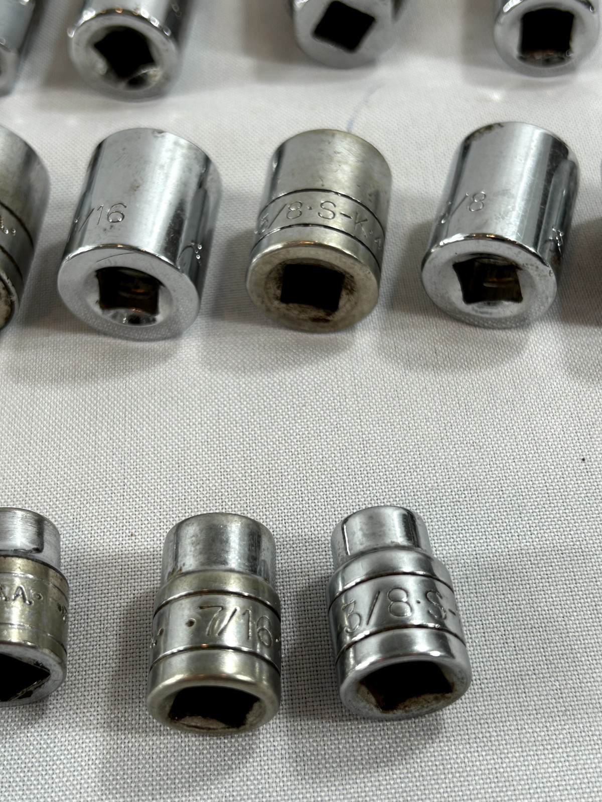 Lot of S-K Sockets – 29 Pieces – All different types 26 3/8 Drive- 1/2 Drive
