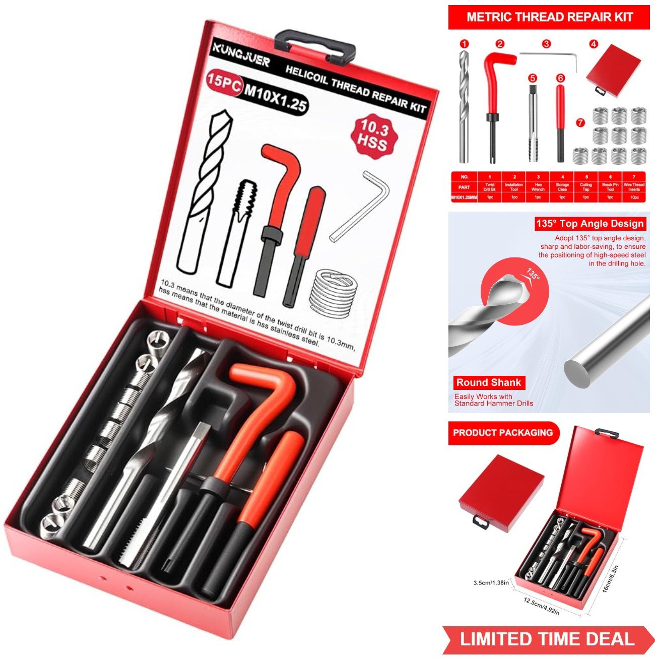 Metric Thread Repair Insert Kit M10x1.25mm Helicoil with Drill Bits Taps and