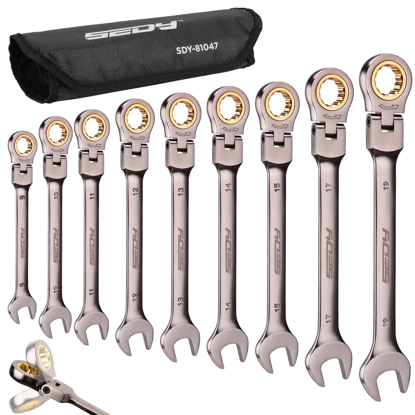 9PC Flexible Ratchet Spanner Wrench Set Metric 8-19mm With Storage Rack