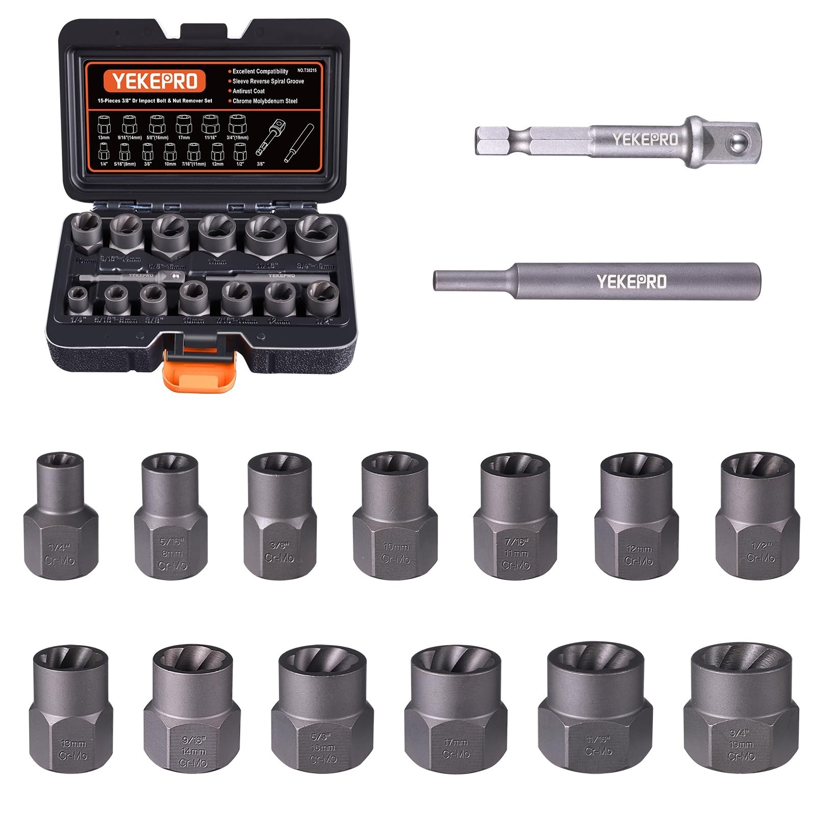 15 PCS Bolt Extractor Set – 3/8″ Drive Impact Tool for Stripped, Rusted & Damage
