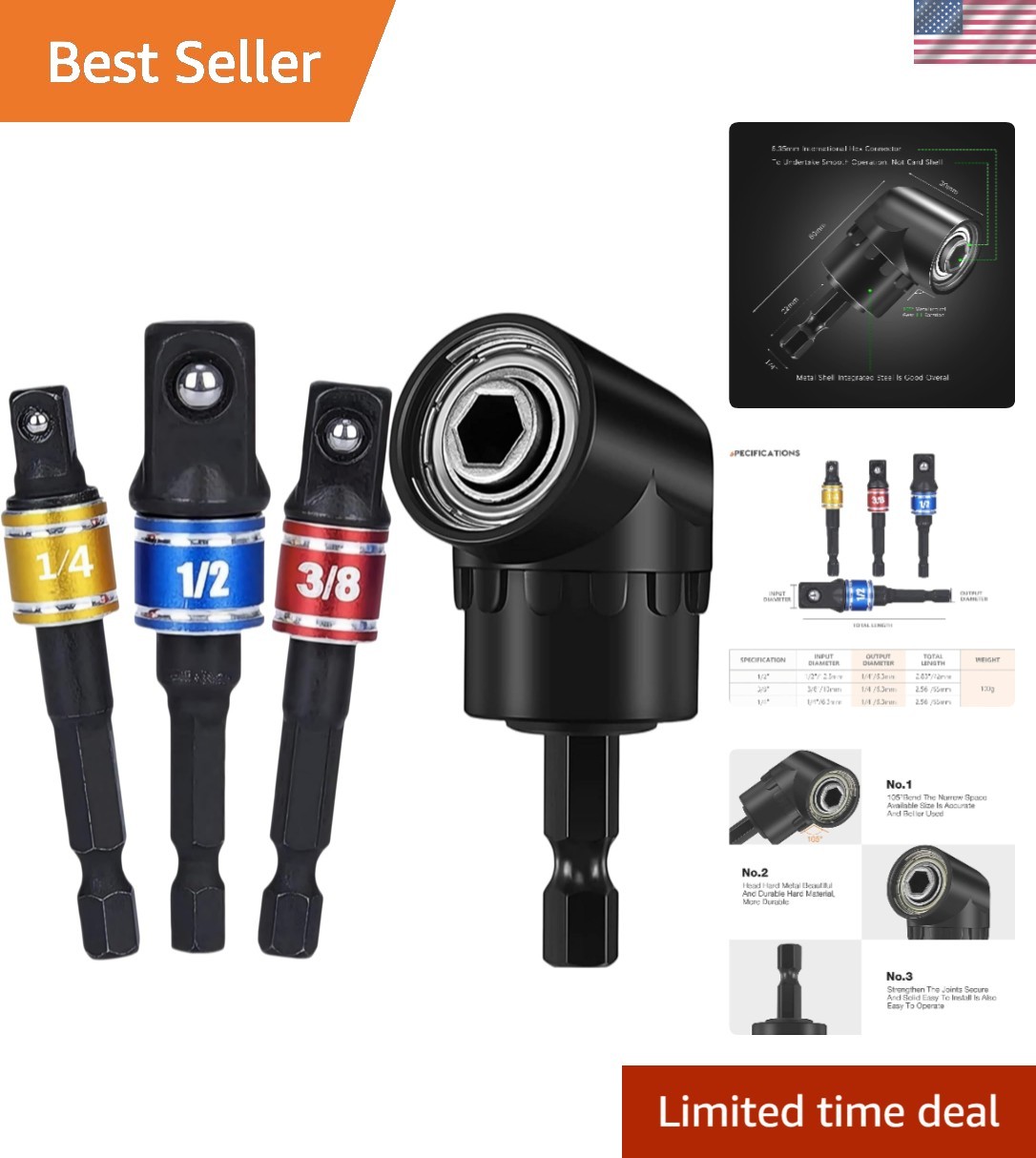 Universal Impact Grade Driver Sockets and 105° Angle Extension for Tight Spaces