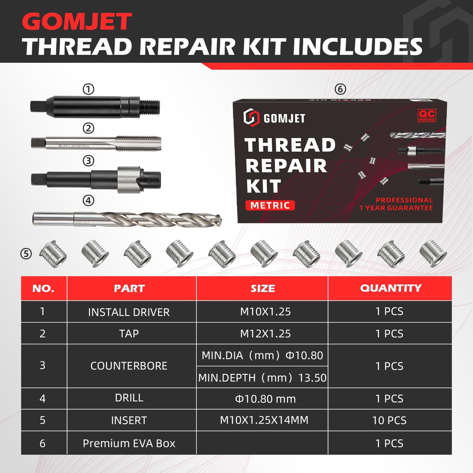 M10X1.25 Metric Thread Repair Kit Stainless Steel Inserts 14MM Length Auto