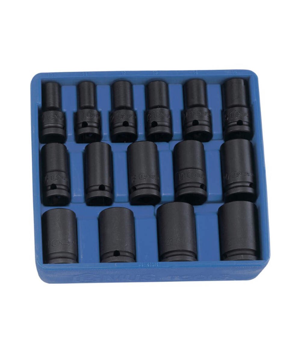 Genius Tools 15pc Thin Wall Semi-Deep Impact Socket Set 10–24mm 1/2″SD 6 Point