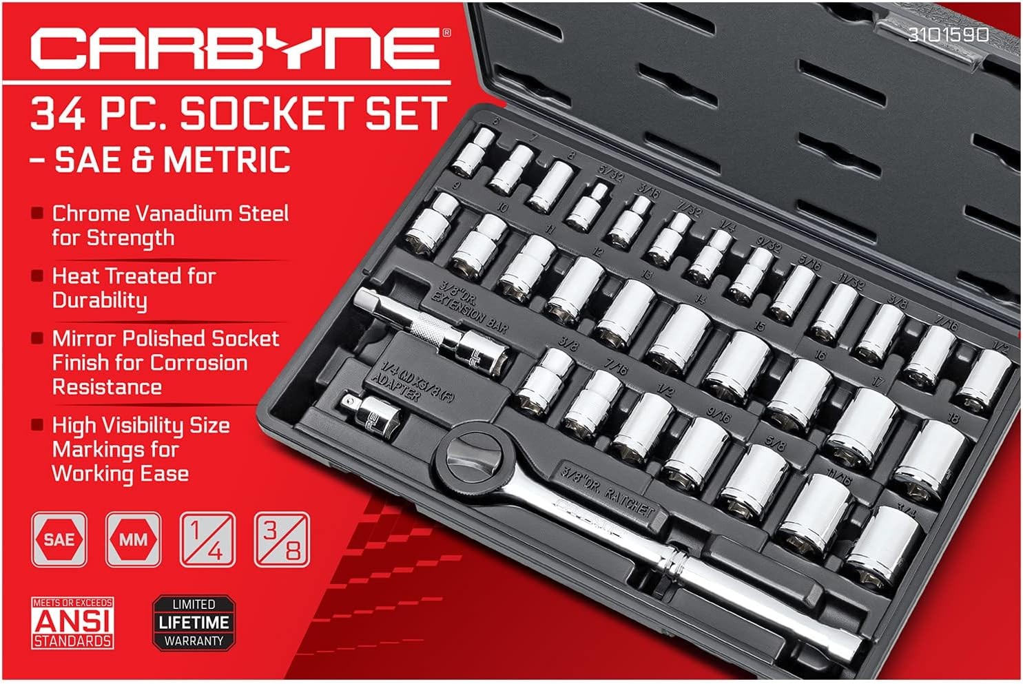 CARBYNE 1/4″ & 3/8″ Drive Socket & Ratchet Set – 34 Piece | SAE & One Size