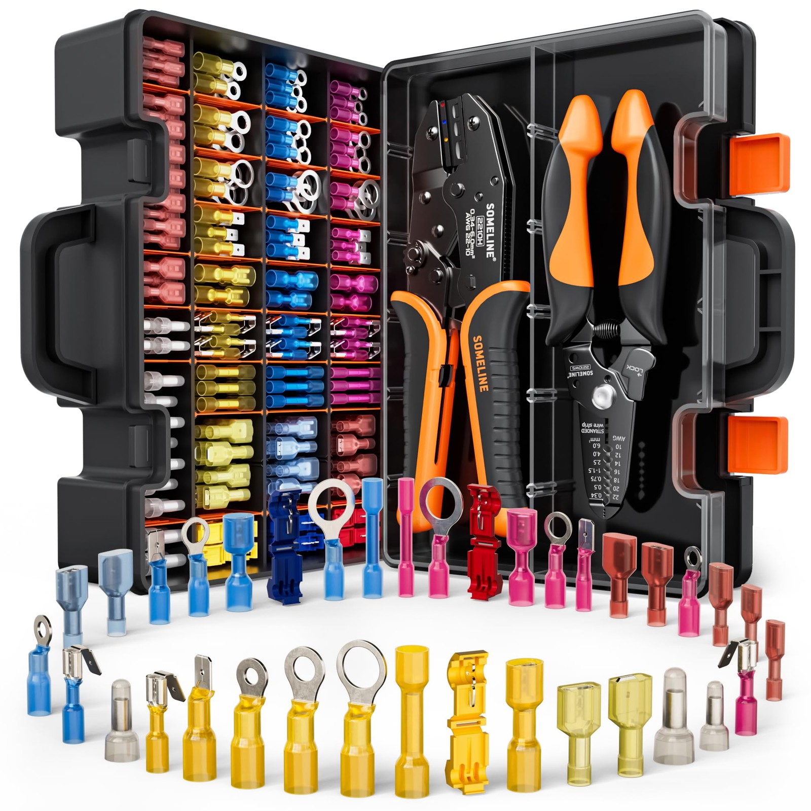 Crimping Tools Kit Heat Shrink Connectors AWG 22-10 Marine Box Red Blue Yellow