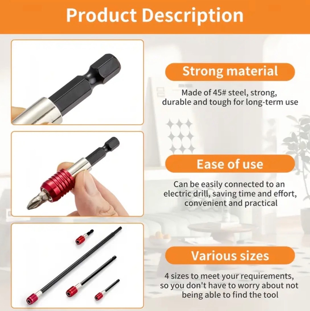 4 – Piece Magnetic Screwdriver Hexagon Bit Holder Extension Set – 4 Lengths