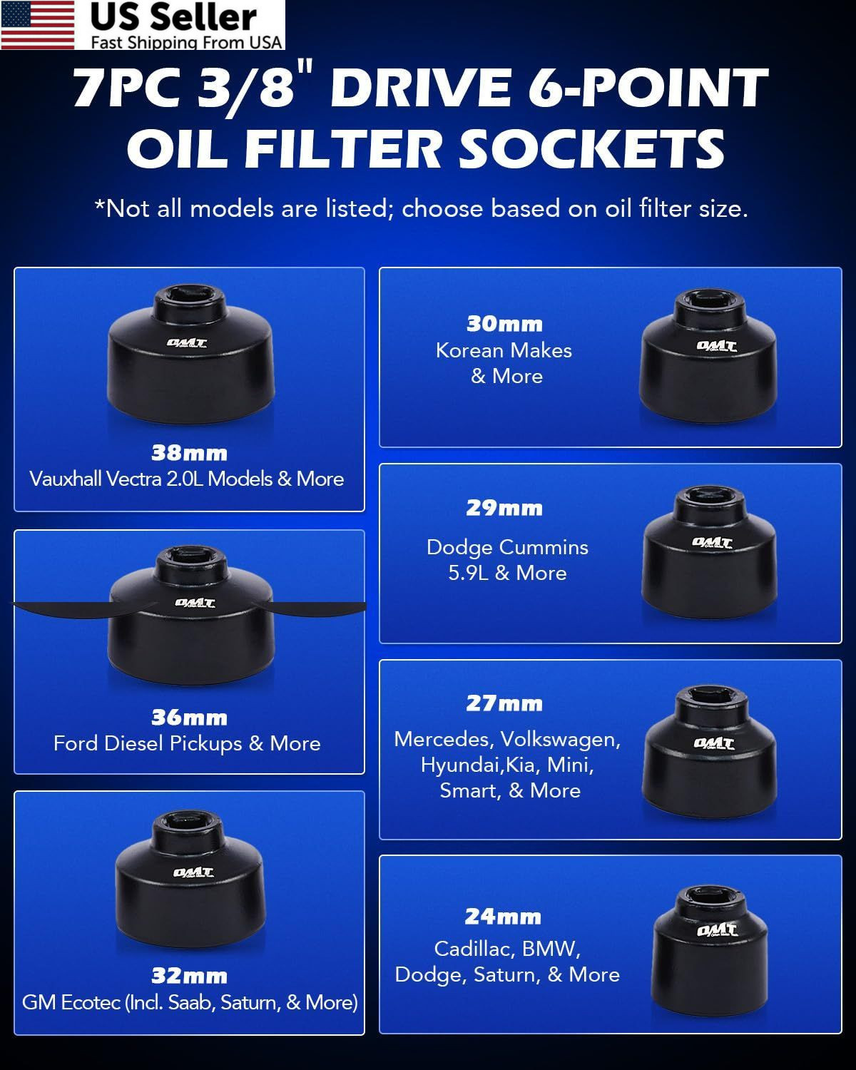 Orion Motor Tech Oil Filter Wrench Set, 10pc 9 Sizes from 24 to 64.5mm, Blue