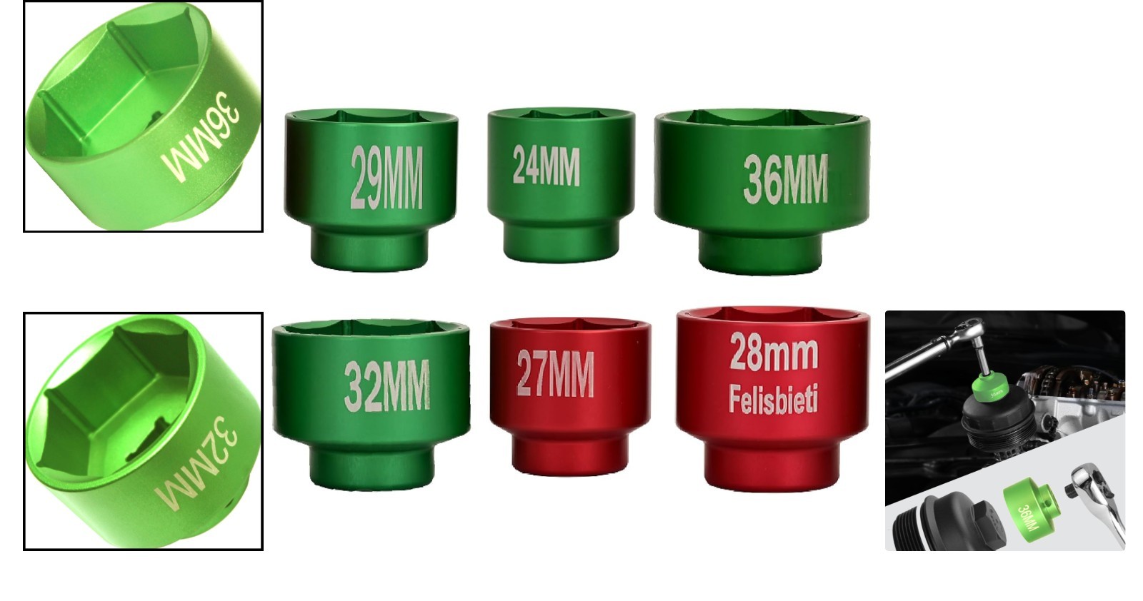 Durable 6061 Aluminum Oil Filter Socket Set, Low Profile Design – 6 Pieces