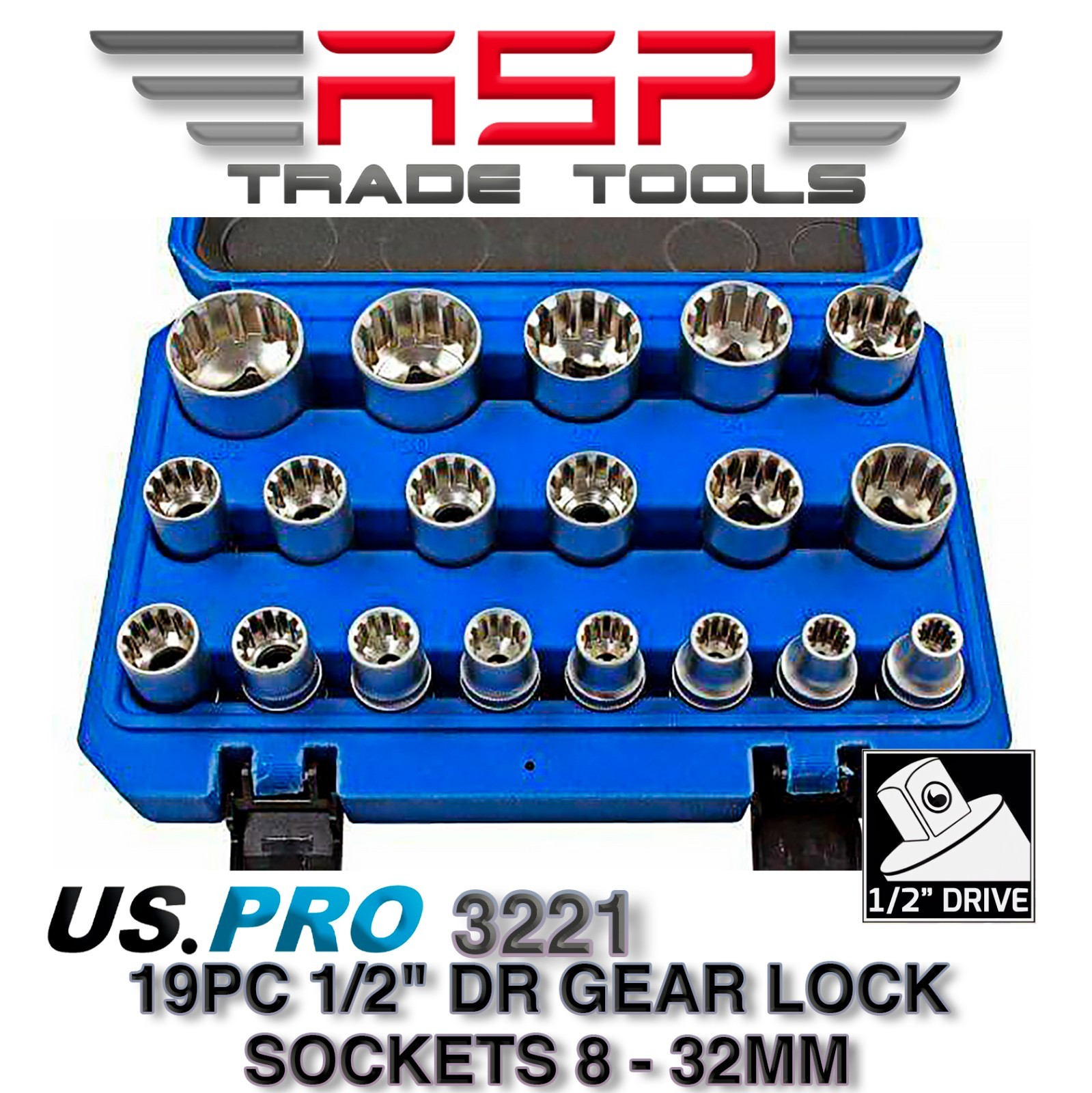 US PRO Tools 19pc 1/2″ dr Gear Lock Sockets, Socket Set 8-32mm NEW