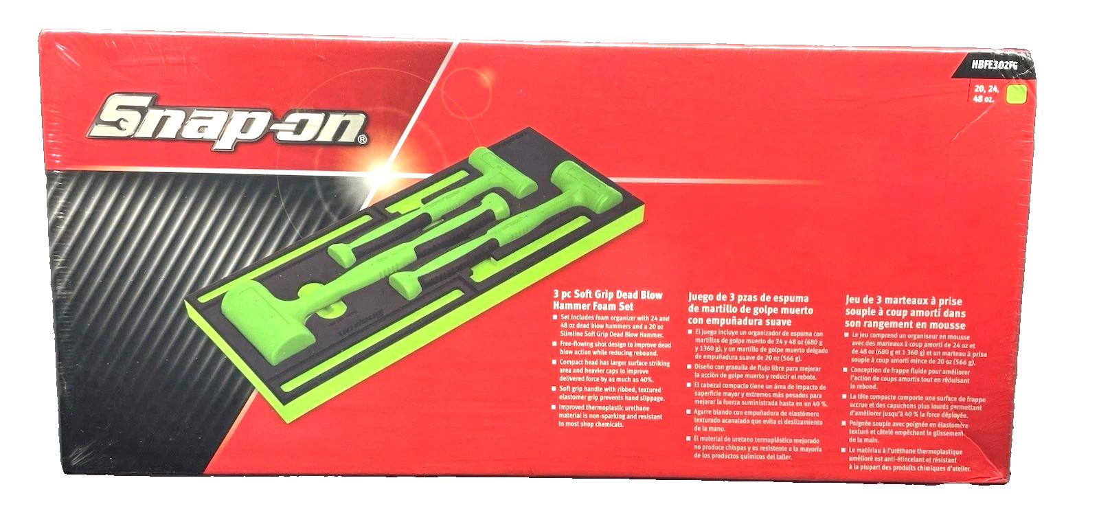 New Snap-on™ HBFE302FG 20 24 48 oz Green Flat Faced Dead Blow Hammer Foam Set
