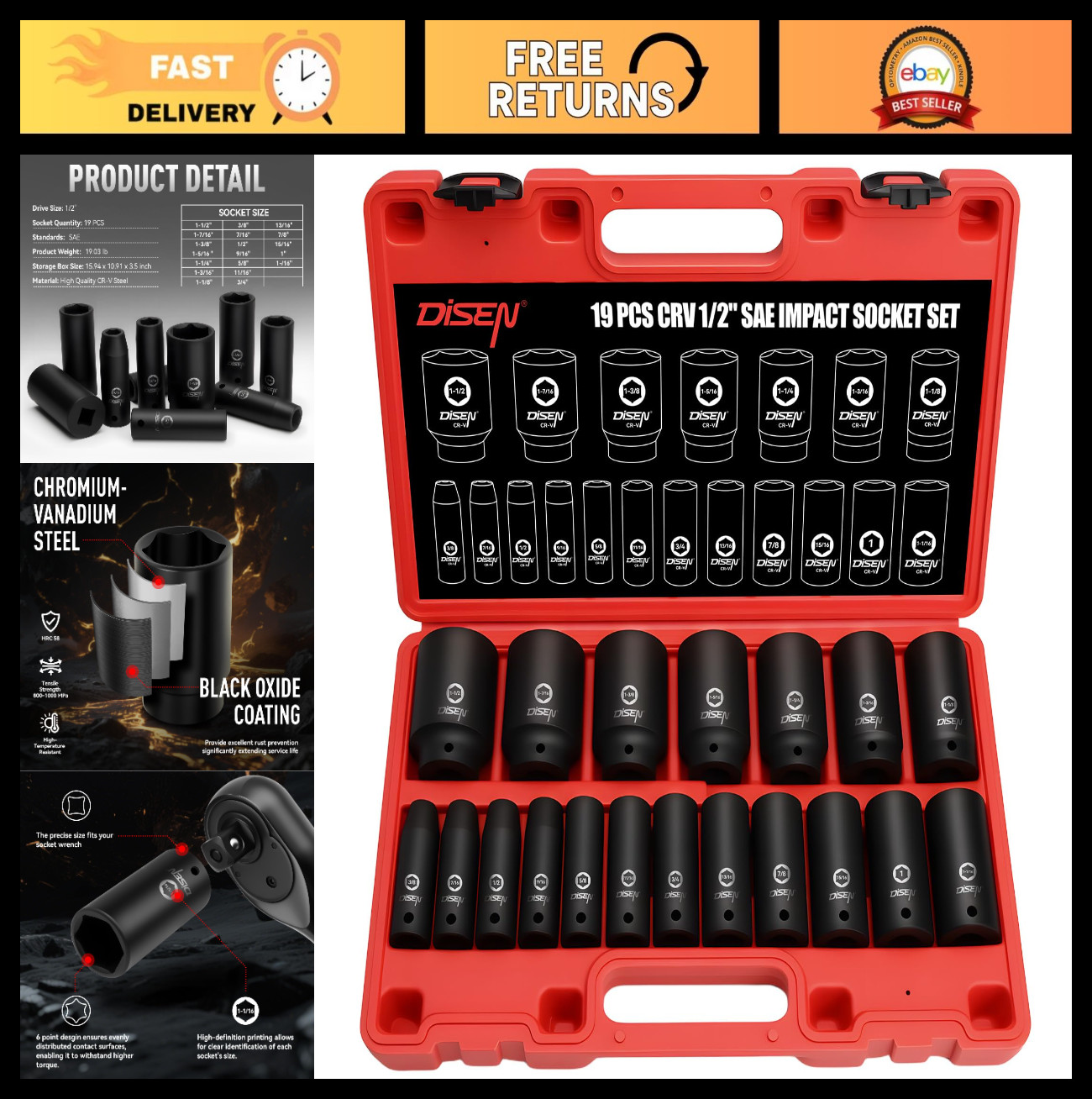 19 Pcs 1/2″ SAE Impact Socket Set – Deep 6-Point Cr-V & Alloy Steel, Durable Cas