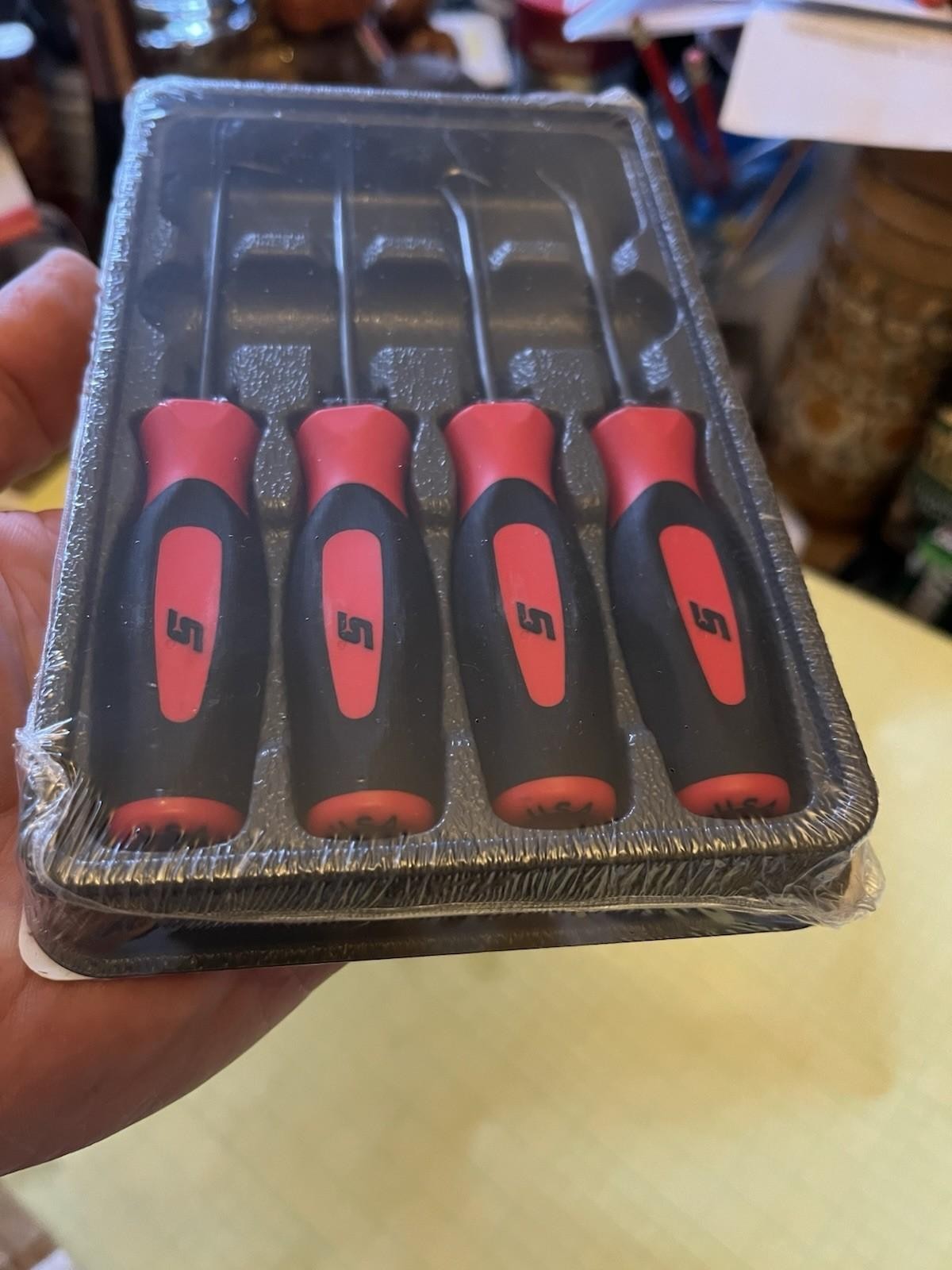 Snap On Awl Hook & Picks Mini Soft Grip 4 Pc Set Classic Red With Tool Tidy Tray