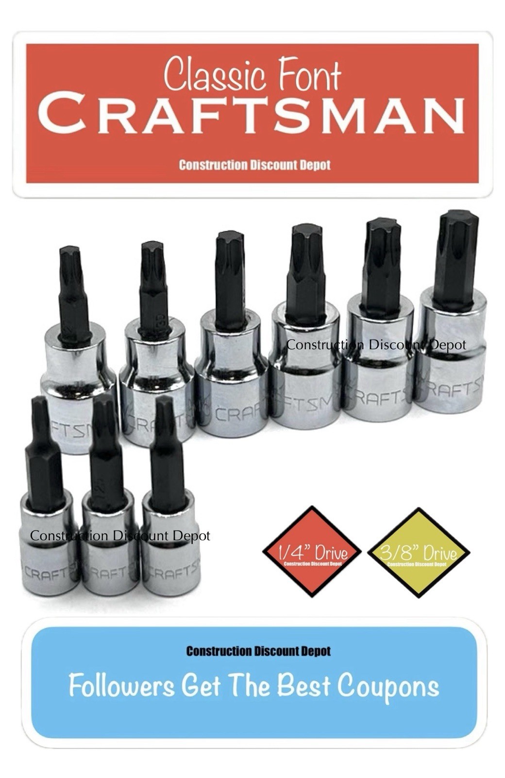 9 Piece Craftsman Standard Torx Star Bit Socket Set 3/8″ and 1/4″ Drive