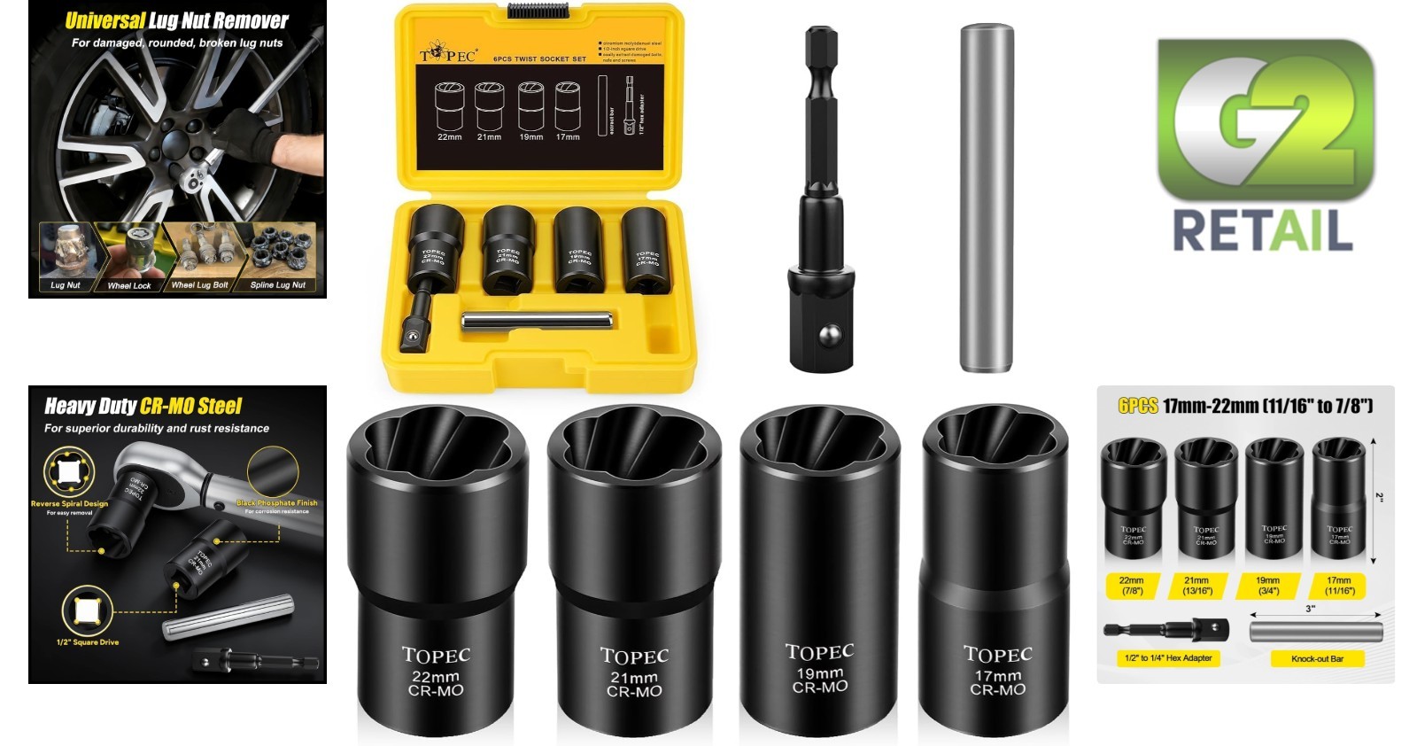 6-Piece Lug Nut Remover Set – Stripped Nut Extractor for Auto Repairs