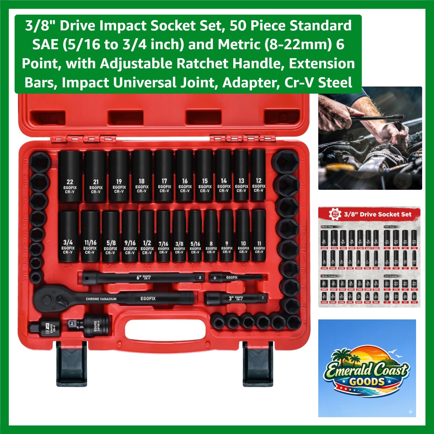 Pro Quality 50-Piece 3/8″ Drive Socket Set – Ratchet, Joints & Adapters Included