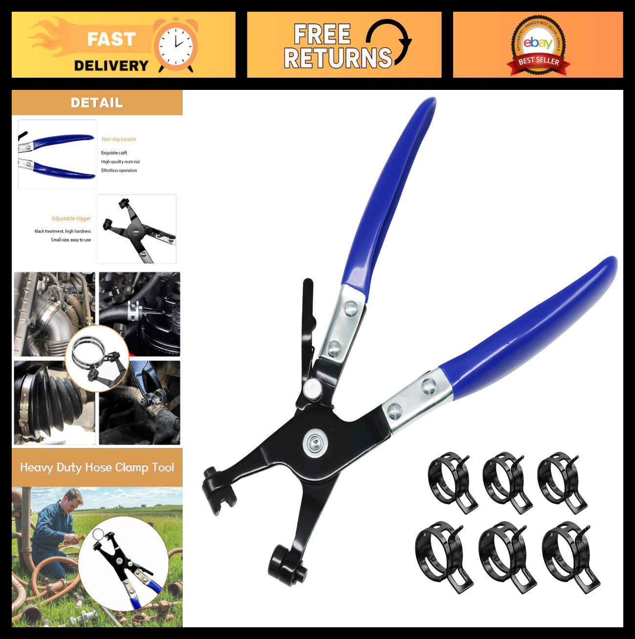 Hose Clamp Pliers with Swivel Flat Band – Automotive Tool Set & 6 Zinc Clamps