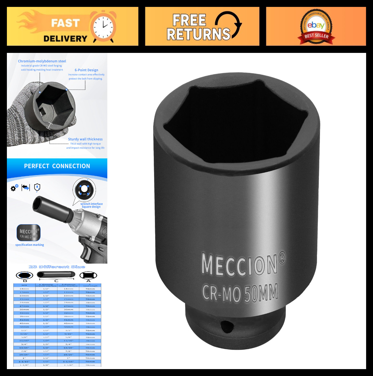 1/2″ Drive 50mm Metric Deep Impact Socket, 6 Point Cr-Mo, 78mm Length, Durable T