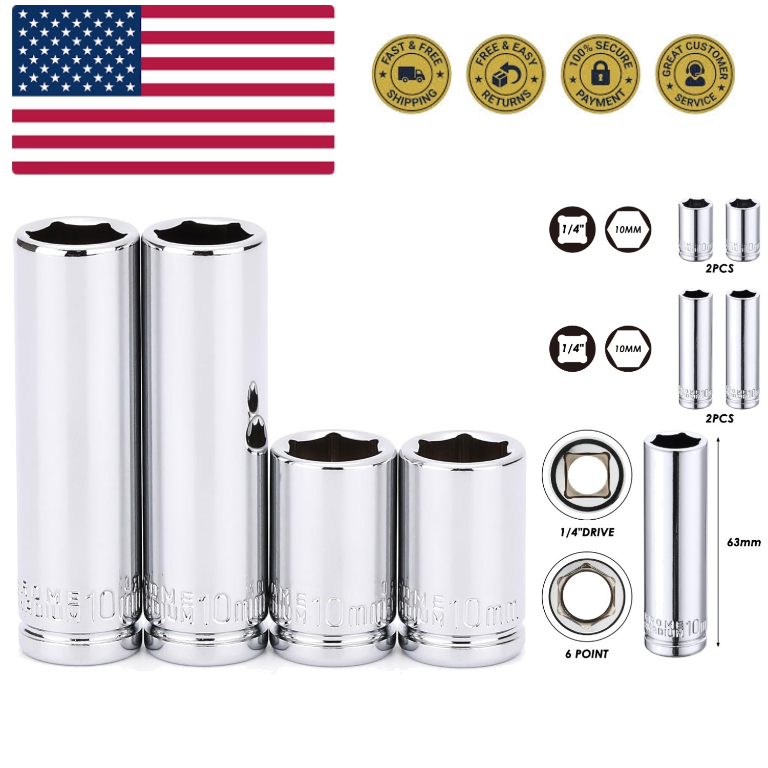 4PCS 1/4″Drive 10mm Deep&Shallow Socket, 6 Point, Cr-V Steel, 10mm