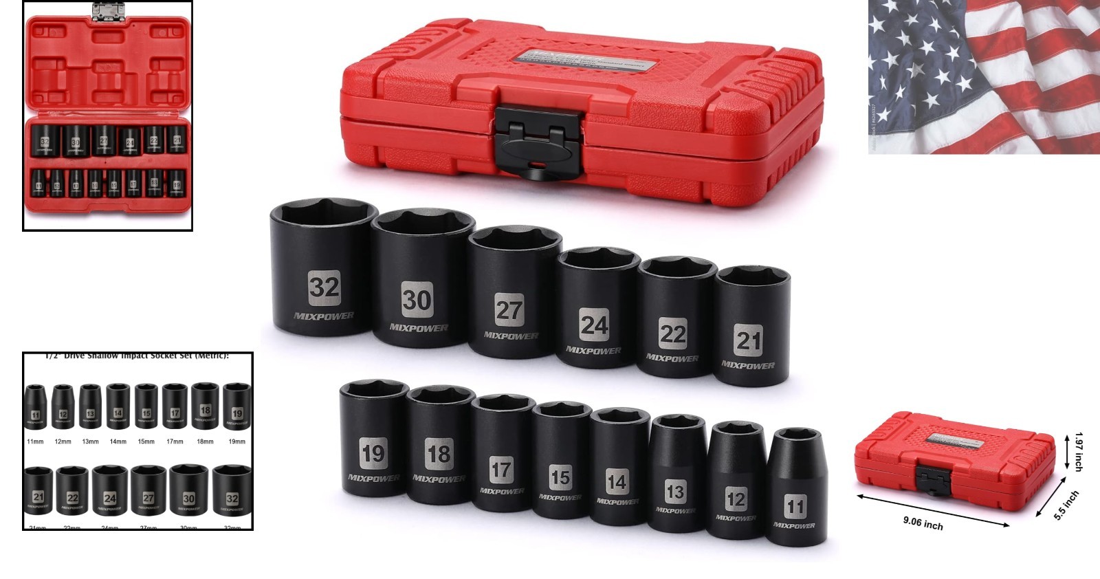 14 Pieces 1/2-Inch Drive Shallow Impact Socket Set, 11-32mm, CR-V, Metric, 6 …