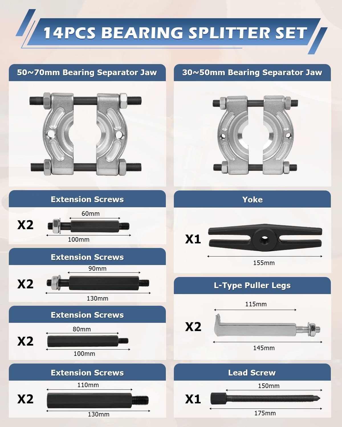 Professional 14-Pc Bearing Separator Set with Drop-Forged Steel Construction