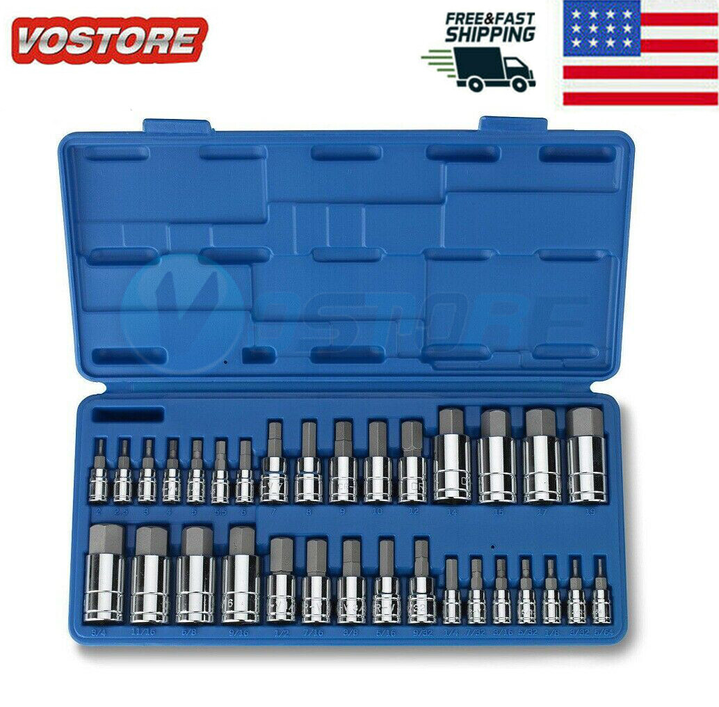 Master Hex Bit Set | 34pc SAE & Metric Socket Set Standard Allen 1/4″ 3/8″ 1/2″