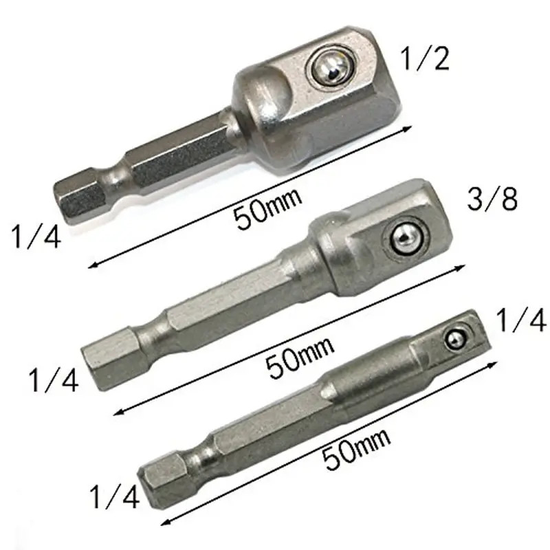 3PC Drill Socket Adapter Set 1/4″ Hex Shank to 1/4 3/8 1/2 Drive Tool UK