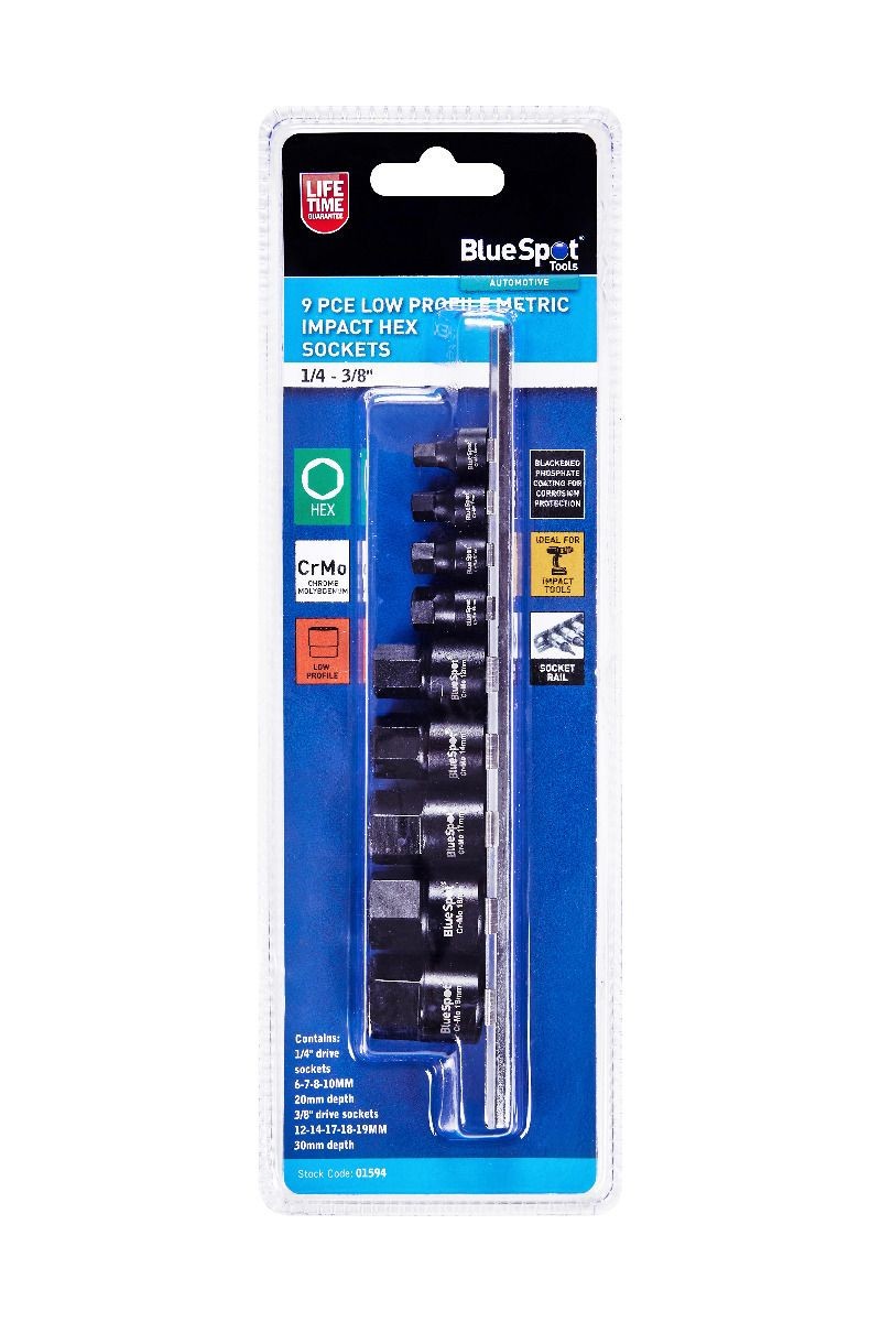 Blue Spot Tools Low Profile Hex Bit Socket Set 6mm – 19mm On Rail 1/4 & 3/8