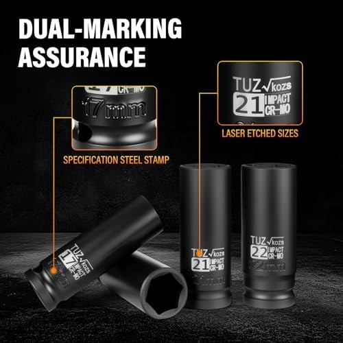5-Piece 1/2″ Drive Deep Impact Socket Set – Metric 15mm 17mm 19mm 21mm 22mm, Cr-