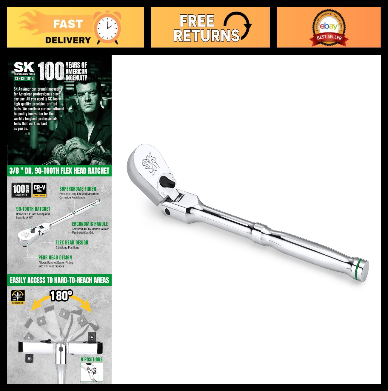3/8″ Drive Flex Head Ratchet Handle – 90-Tooth, Reversible, CR-V, Ergonomic Grip