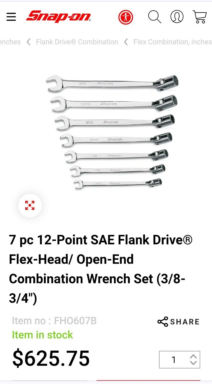 NOS Snap On Tools 7Piece SAE FlexHead Open End Combo Wrench Set 3/8-3/4 FHO607B