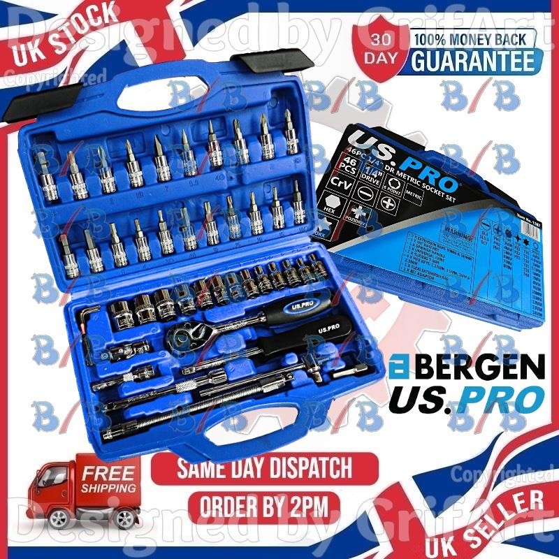 USPRO 6PT 46PC 1/4″ DRIVE SOCKET SET CRV HEX TORX STAR POZI SLOTTED PHILIPS BITS