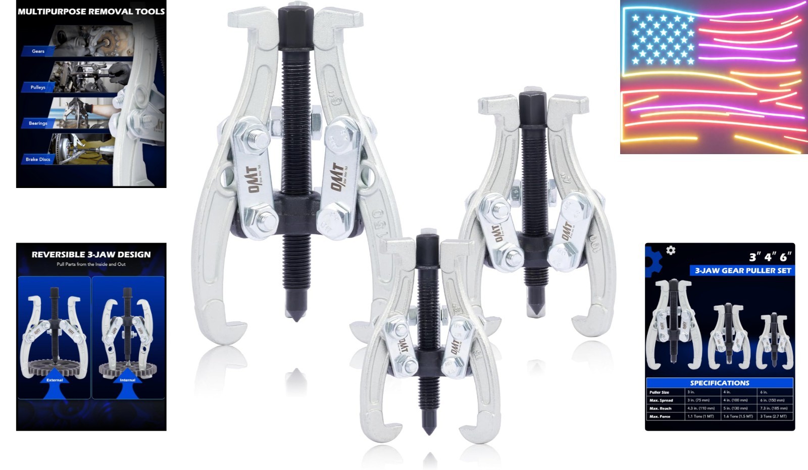 Gear Puller Set, 3-Jaw, 3in/4in/6in – for Pulley, Gear, Bearing & Flywheel