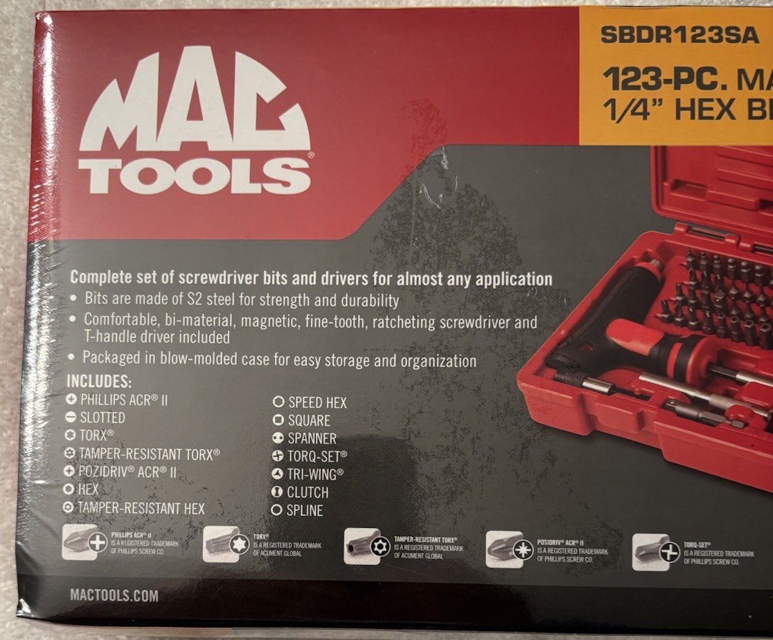 Mac Tools 123 Pc. 1/4” Mac Grip Ratcheting Hex Bit Screwdriver Set w/Case